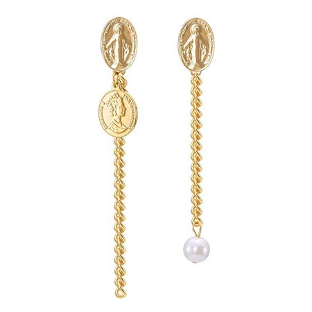 Gold Asymmetry Dangle Earrings, Coin Chain with Pearl Drop Earrings for Christmas Gift: Clothing