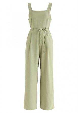 Belted Pockets Wide-Leg Cami Jumpsuit in Pistachio - NEW ARRIVALS - Retro, Indie and Unique Fashion