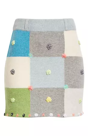 YanYan Floral Appliqué Checkerboard Lambswool Miniskirt | Nordstrom
