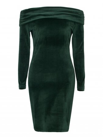 Dark Green Foldover Off Shoulder Long Sleeve Velvet Bodycon Dress | abaday