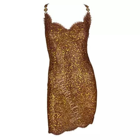 S/S 1996 Atelier Versace Haute Couture Copper Lace Cheetah Rhinestone Mini Dress For Sale at 1stDibs