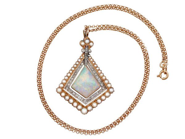 2.88 Karat Opal and Diamond, Pearl and Yellow Gold Pendant
