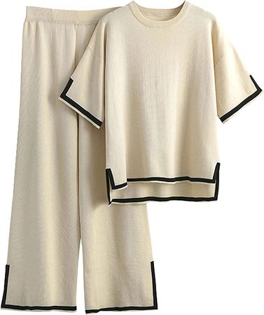Tanming Sweater Sets Women 2 Piece Lounge Sets Short Sleeve Knit Pullover Tops Wide Leg Pants (Apricot-M) at Amazon Women’s Clothing store