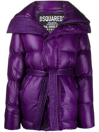 Shop purple Dsquared2 high-shine tie-waist quilted down coat with Express Delivery - Farfetch