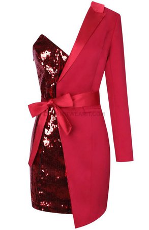 One Sleeve Sequin Blazer Dress Red - Luxe Sequin Dresses and Celebrity Inspired Dresses