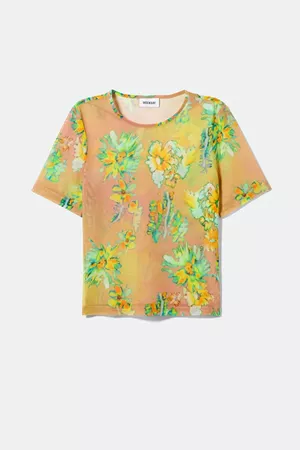 Blur Printed Mesh T-shirt - Orange flowers - Weekday WW