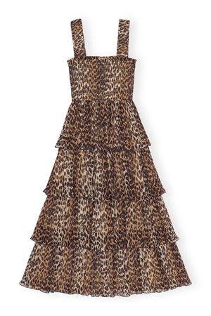 Almond Milk Leopard Pleated Georgette Flounce Smock Midi Dress | GANNI US