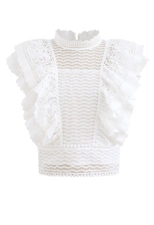 Tiered Ruffle Crochet Mock Neck Sleeveless Top in White - Retro, Indie and Unique Fashion