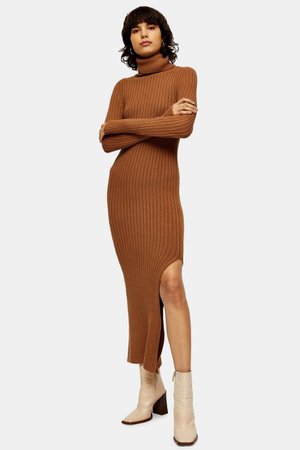 Camel Knitted Roll Neck Dress | Topshop