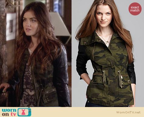 WornOnTV: Aria’s camo jacket with leather sleeves on Pretty Little Liars | Lucy Hale | Clothes and Wardrobe from TV