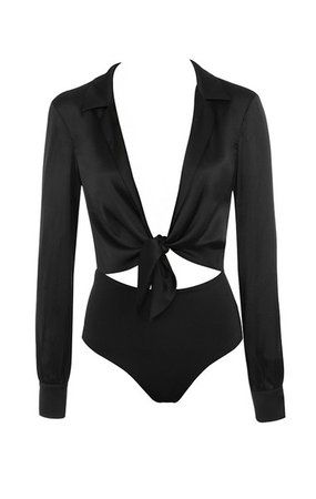 Clothing : Bodysuits : 'Ornella' Black Silky Shirt Bodysuit