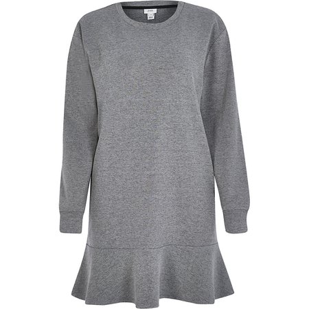 Grey frill hem long sleeve mini sweater dress | River Island