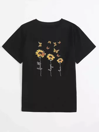 Sunflower And Butterfly Print Tee | SHEIN USA black