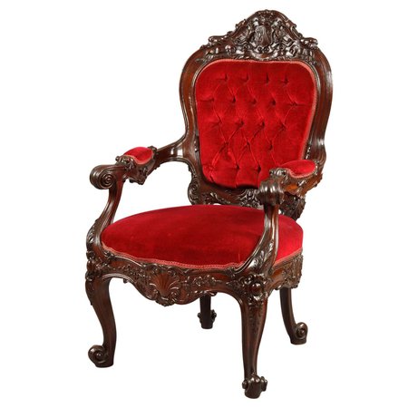 William IV Carved Mahogany Library Armchair with Red Velvet Upholstery For Sale at 1stDibs