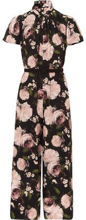 Ellamay Belted Floral-print Silk Crepe De Chine Jumpsuit - Black