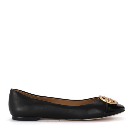 Tory Burch Chelsea Black Leather And Patent Leather Flat Shoes
