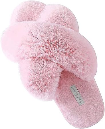 Women's Cross Band Plush Fuzzy House Slipper Open Toe Faux Fur Fluffy Flats Bedroom Slippers : Amazon.ca: Clothing, Shoes & Accessories