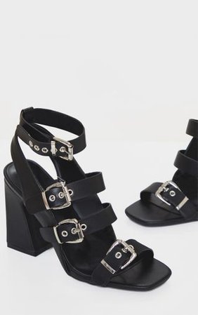 Black Block Heel Multi Buckle Sandals | Shoes | PrettyLittleThing