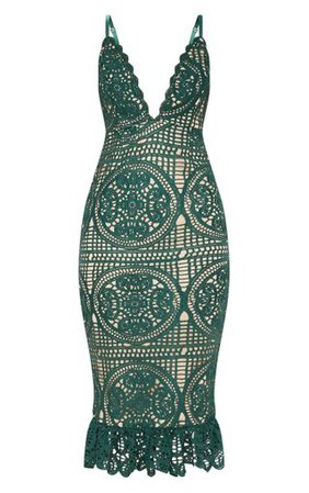 Emerald Green Strappy Thick Lace Dress | PrettyLittleThing