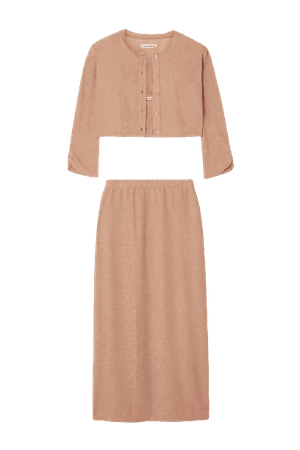 REFORMATION + NET SUSTAIN Janice knitted cardigan, camisole and midi skirt set