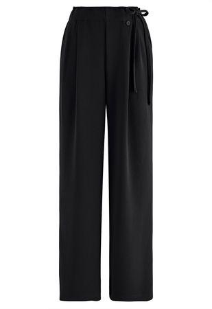 Side Drawstring Pleated Straight Leg Pants in Black - Retro, Indie and Unique Fashion