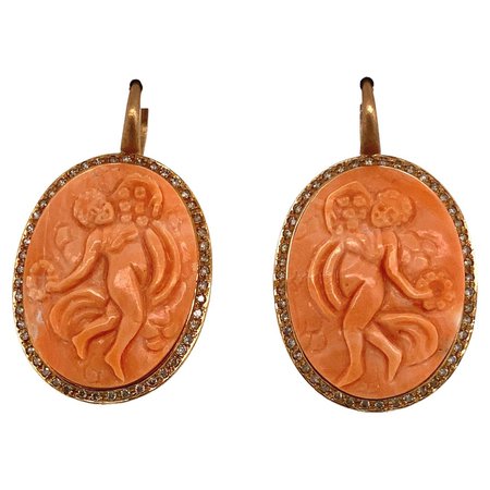 18k Yellow Gold and Diamond Cameo Coral Earrings For Sale at 1stDibs