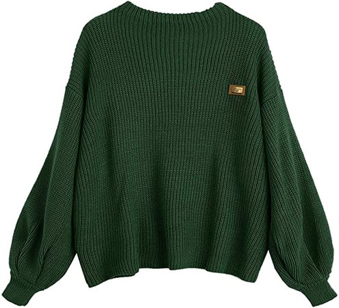 ZAFUL Women's Casual Loose Knitted Sweater Lantern Sleeve Crewneck Fashion Pullover Sweater Tops Green at Amazon Women’s Clothing store