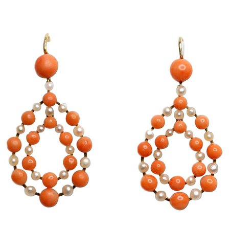 Antique Coral and Pearl Gold Teardrop Earrings For Sale at 1stDibs