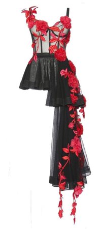 red flower floral black mesh asymmetrical dress