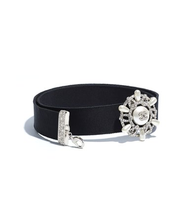 Belt, grosgrain, metal, glass pearls, strass & resin, black, silver, pearly white & gray - CHANEL