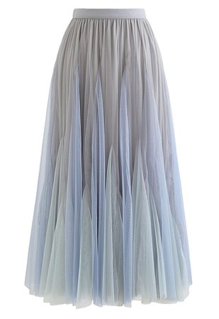 Color Block Panelled Mesh Frilling Maxi Skirt in Dusty Blue - Retro, Indie and Unique Fashion