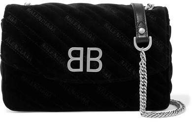 Bb Chain Embroidered Quilted Velvet Shoulder Bag - Black