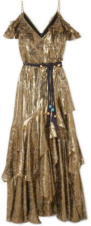 Cold-shoulder Ruffled Floral-print Lamé Maxi Dress - Gold