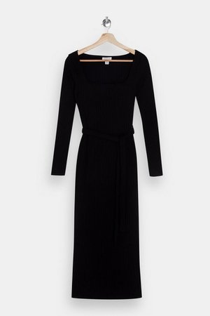 Black Jersey Midi Ribbed Belted Midi Dress | Topshop