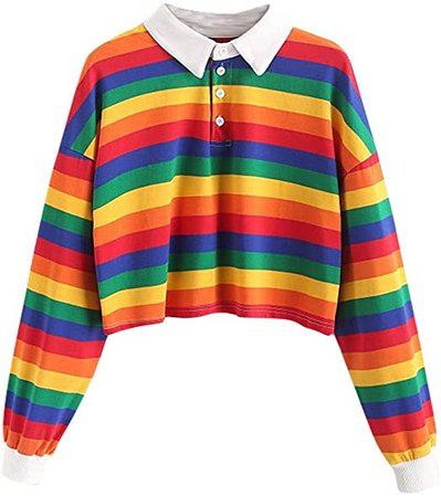 Women Teen Girls Fashion Turn-Down Collar Crop Top Sweatshirt Long Sleeve Rainbow Striped Color Block Pullover Shirts at Amazon Women’s Clothing store
