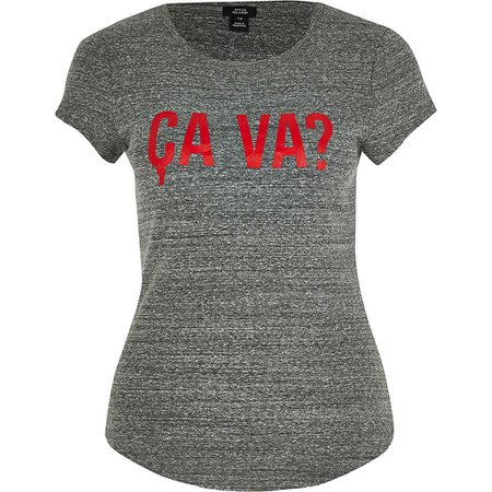 Grey marl 'Ca Va?' fitted T-shirt | River Island