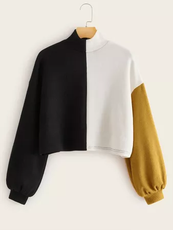 Mock Neck Colorblock Ribbed Sweater | SHEIN USA
