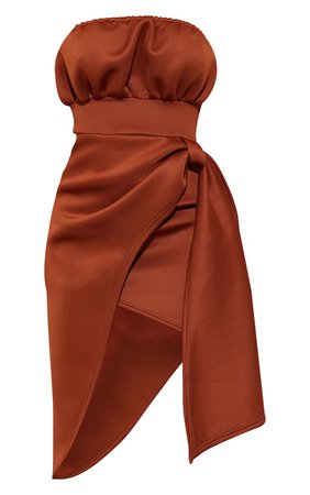 Chocolate Scuba Bandeau Drape Skirt Midi Dress | PrettyLittleThing