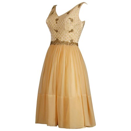 1960s Mam'selle Vintage Gold Beaded Brocade + Silk Chiffon Cocktail Dress For Sale at 1stDibs