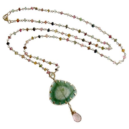 Green Tourmaline Slice with Hand Linked Tourmaline Chain, Laurel Necklace For Sale at 1stDibs