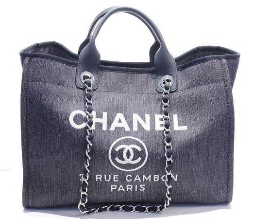 Chanel Dark Blue Denim Tote Leather Handle Fabric Laced Chain Strap | LePrix