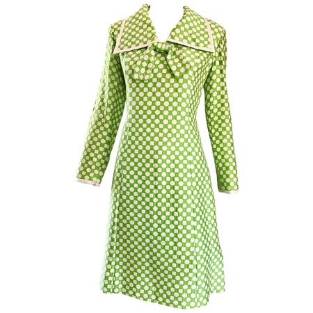GEOFFREY BEENE 1960s Green White Polka Dot and Square Print Knit A Line 60s Dress For Sale at 1stdibs