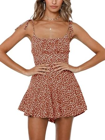 Amazon.com: Jeanewpole1 Women's Floral Wide Leg Rompers Spaghetti Strap Tie Ruffle Short Jumpsuits (Medium, Peach Red) : Clothing, Shoes & Jewelry