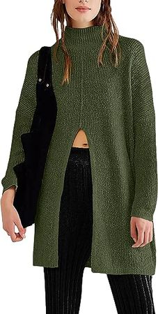 Women's Turtleneck Sweaters Long Sleeve Oversized Tunic Sweater Front Slit Knit Pullover Tops at Amazon Women’s Clothing store
