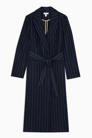 Navy Pinstripe Belted Coat With Wool | Topshop blue