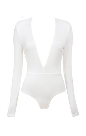 Clothing : Playsuits : 'Lorenza' White Silky Jersey Deep V Bodysuit