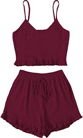 Burgundy Avanova Women's Pajama Set Ruffle Trim Cami Top and Shorts 2 Piece Sleepwear Set at Amazon Women’s Clothing store