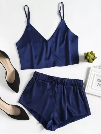 Cami Top And Shorts Satin Pajama Set MIDNIGHT BLUE: Two-Piece Outfits S | ZAFUL