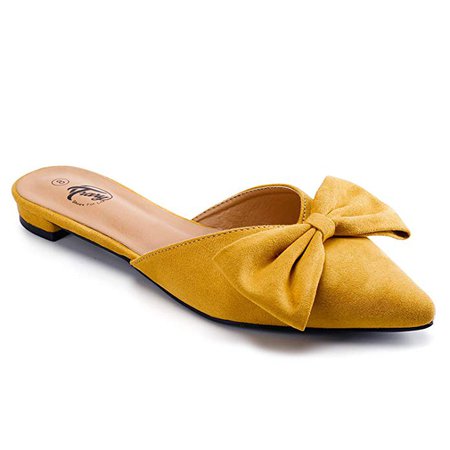Amazon.com | Trary Women's Pointy Toe and Bow Flat Mule Slide Yellow 09 | Mules & Clogs