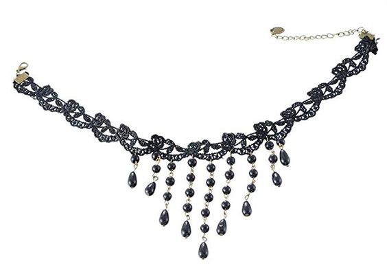 MJartoria Halloween Goth Style Vintage Flower Cameo Chain Beads Pendant Lace Choker Collar Necklace Black